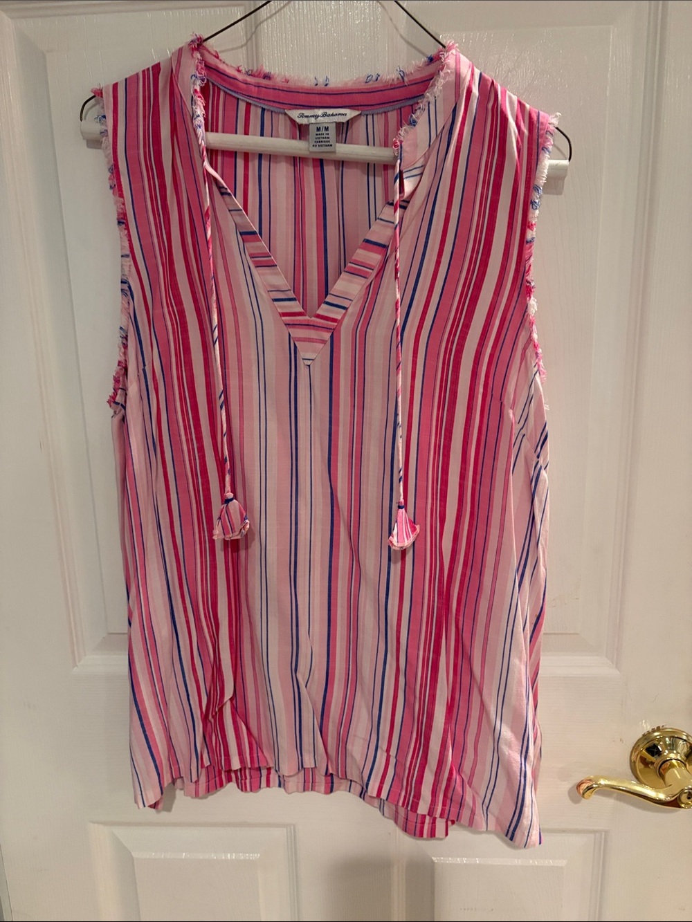 Tommy Bahama Pink and Blue Striped Sleeveless V-Neck Tank